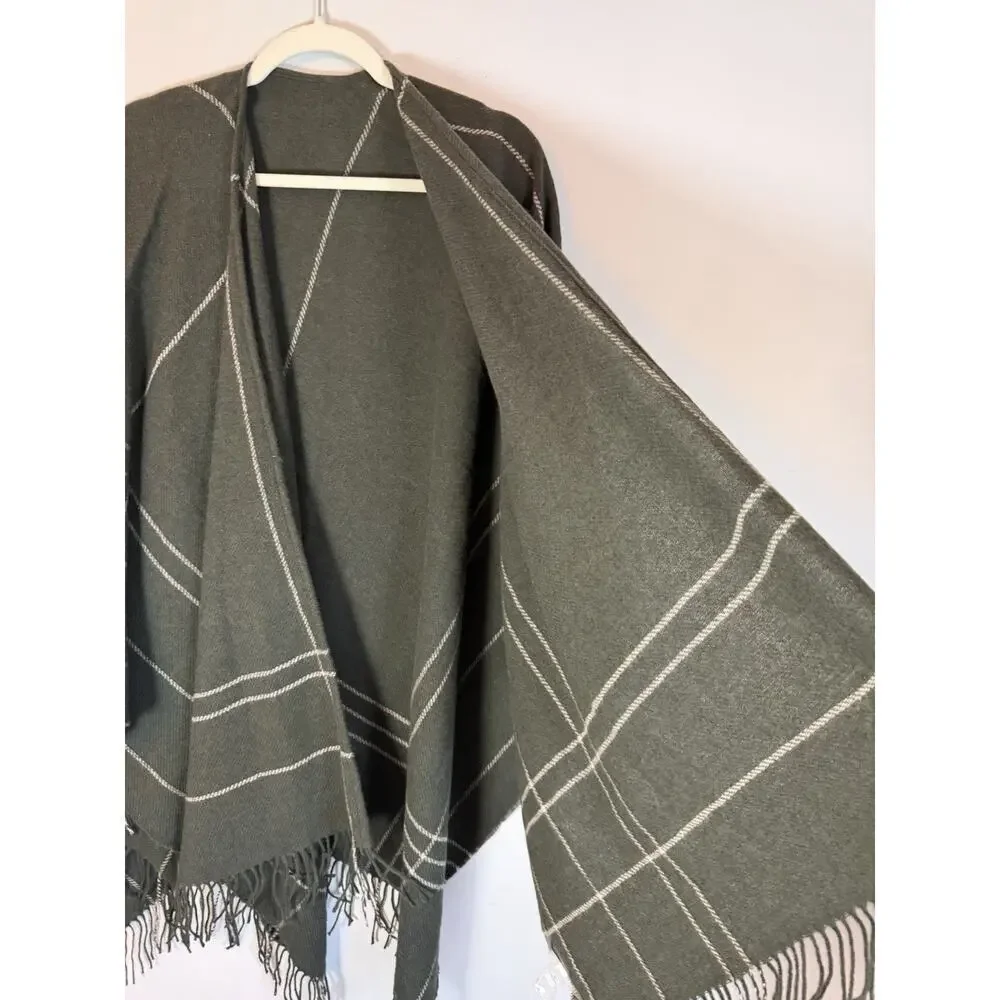 Eileen Fisher Wool Twill Green Plaid Wrap Fringe $188 NWT